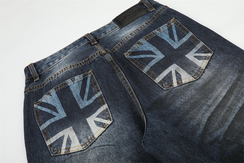 Men's Washed Distressed Straight-Leg Jeans with Union Jack Back Pockets