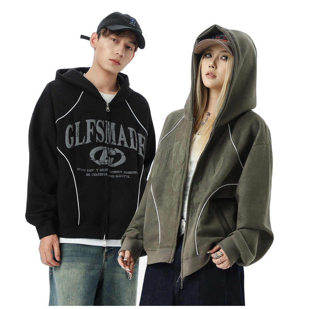GLFSMADE Letter Print Zip-Up Hoodie – Double-Zip Oversized Streetwear Jacket