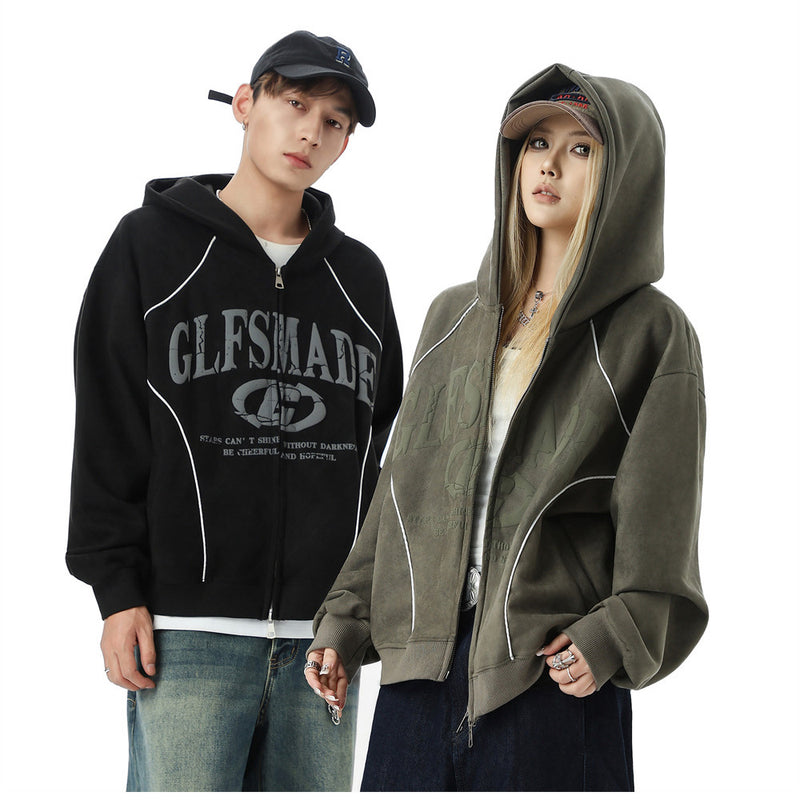 GLFSMADE Letter Print Zip-Up Hoodie – Double-Zip Oversized Streetwear Jacket