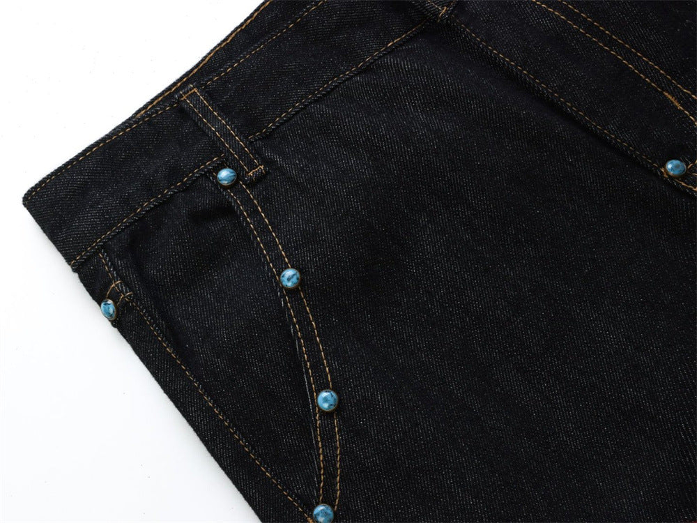 Wide-Leg Barrel Jeans – Turquoise Stud Detail, Curved Silhouette