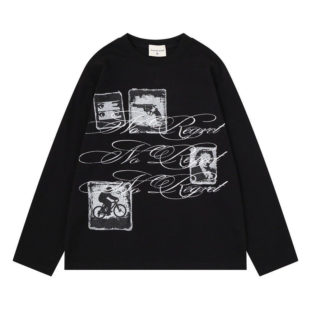 Long Sleeve Graphic Print Crew Neck Shirt – No Regret Graffiti Script, Relaxed