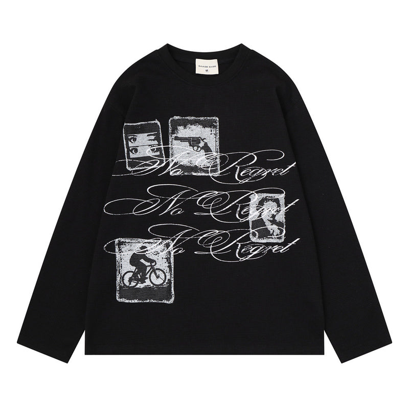 Long Sleeve Graphic Print Crew Neck Shirt – No Regret Graffiti Script, Relaxed