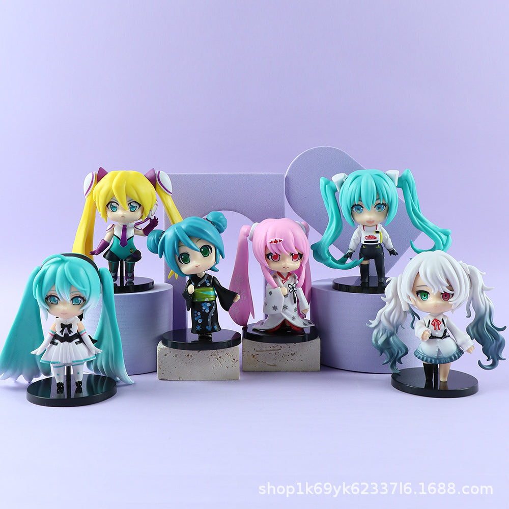 The 6-piece set of Hatsune Miku Kimono Figures features anime-style characters with various hair colors and outfits, including a striking Miku in Japanese-inspired fashion. Each 9.4cm figure has a removable head and stands on round or square platforms against a light purple backdrop, exuding unique charm.