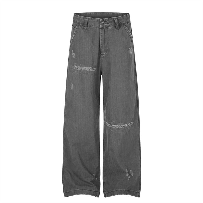 Jean large homme – Gris délavé vintage, coupe droite et déchirée