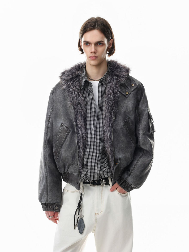 Vintage Washed Bomber Jacket with Faux Fur Collar — Oversized Padded Flight