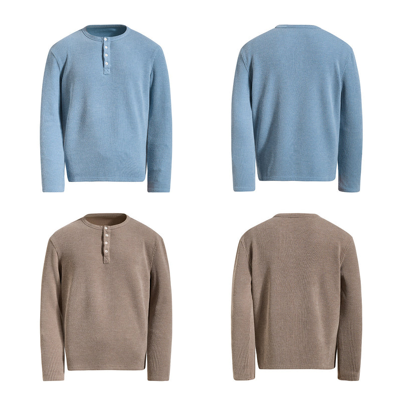 Men's Waffle Knit Henley Long Sleeve Shirt – Relaxed Fit Ribbed Tee