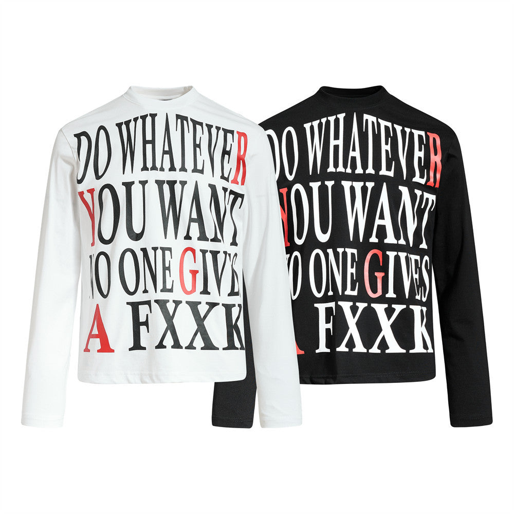 Men's Long Sleeve Graphic Tee – Bold Letter Print Mock Neck Top