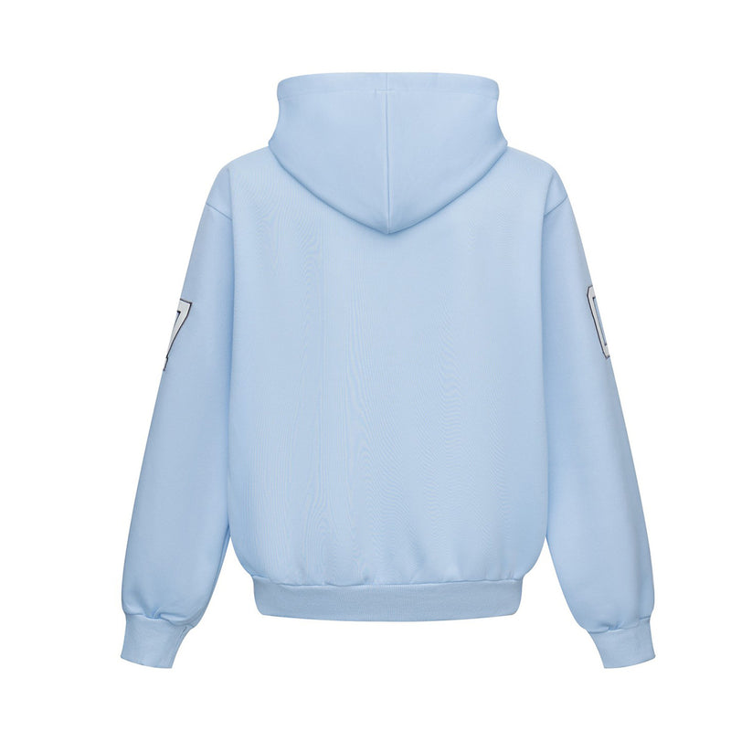 Sweat à capuche bleu zippé intégral avec patch brodé du numéro varsity 07