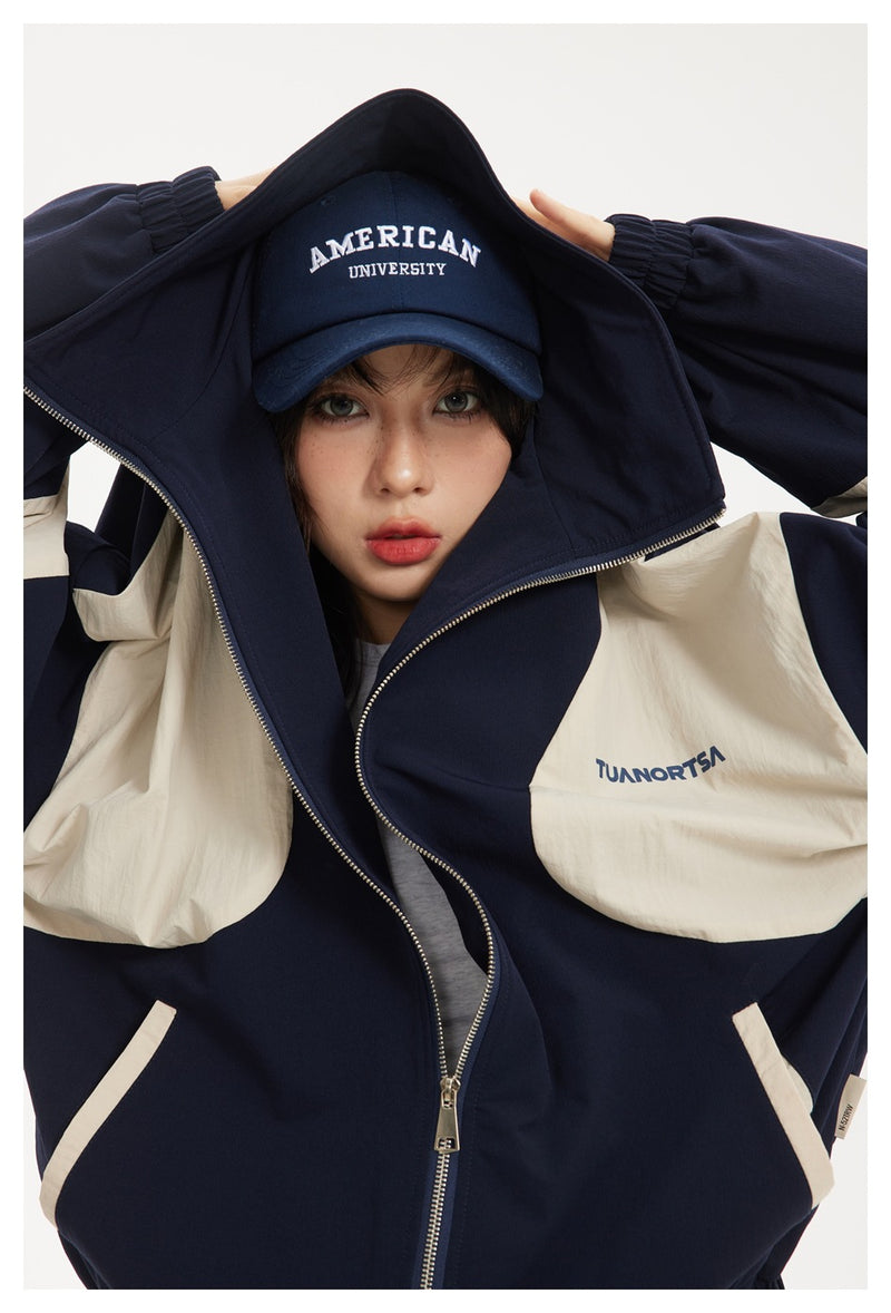 Colorblock Zip-Up Track Jacket — Oversized Retro Varsity Style