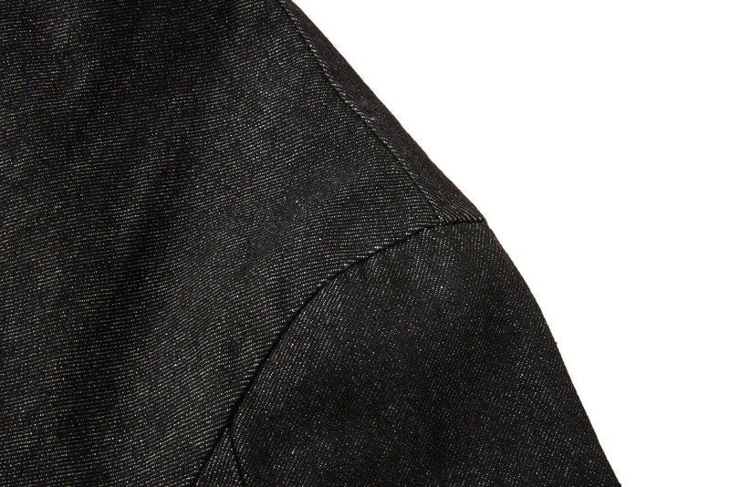 Deconstructed Black Denim Jacket – Asymmetric Button Closure & Stand Collar