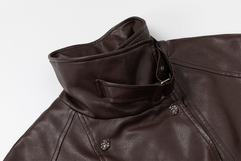 Vintage Double-Breasted Moto Leather Padded Jacket with Belt