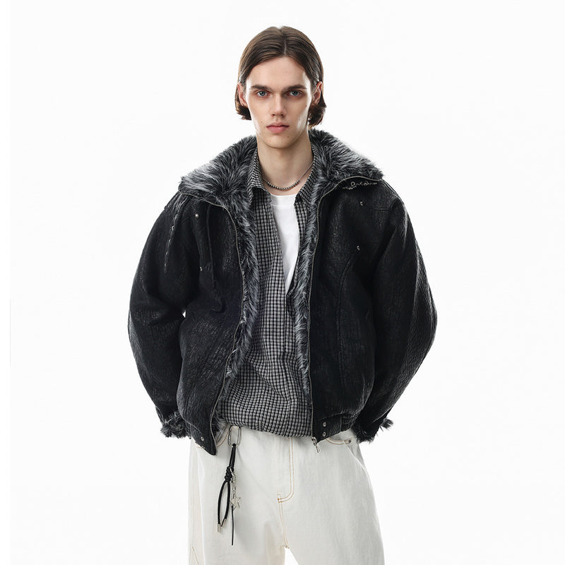 Chaqueta bomber punk oversize – Ribete de pelo sintético, cuello con tira y acolchado cálido