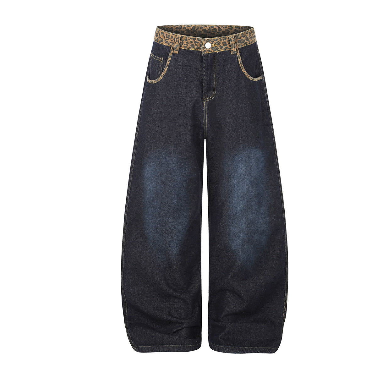 Vaqueros baggy de pierna ancha con cinturilla de leopardo – Corte recto tipo barril