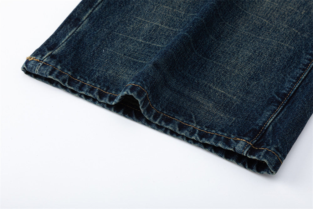 Wide-Leg Jeans – Vintage Washed Dark Blue with Distressed Details