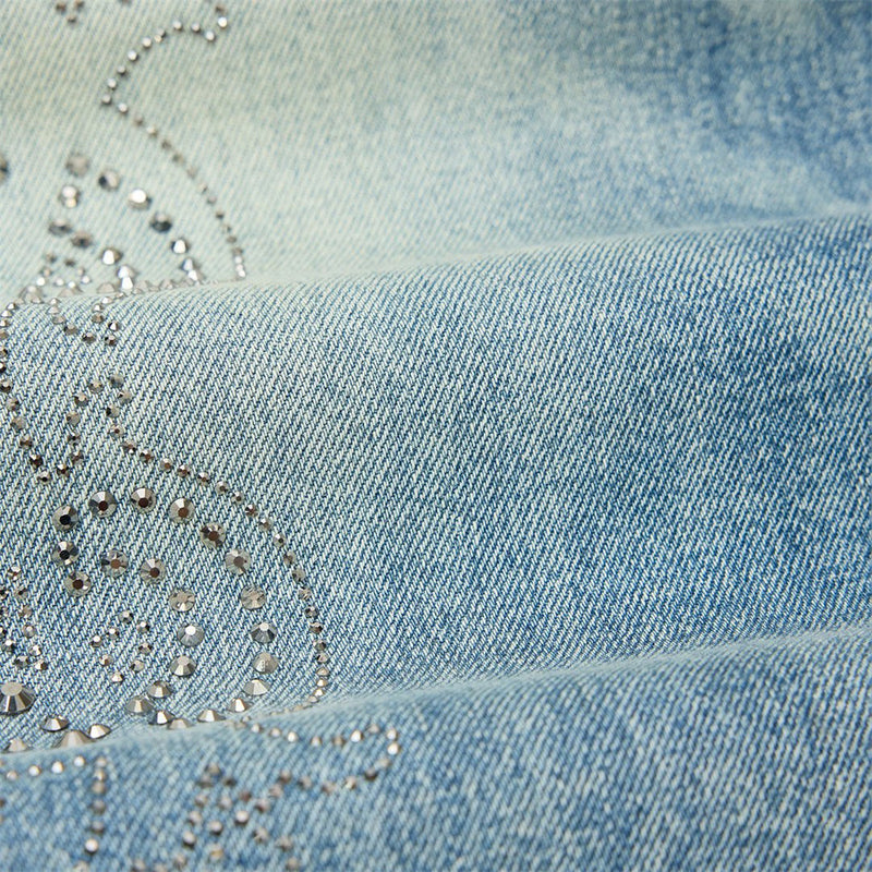 Jean vintage délavé à jambes larges pour homme avec motif cachemire en strass