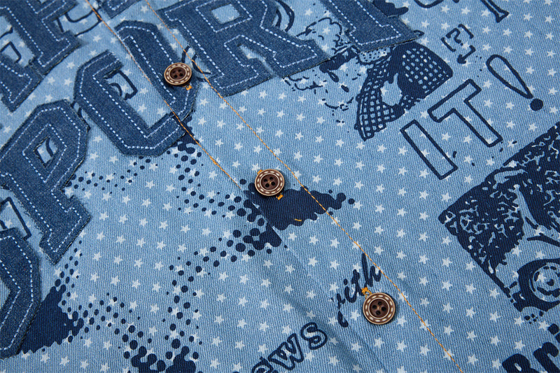 Short Sleeve Button-Up Shirt – All-Over Star Print with Varsity Graphic & Denim