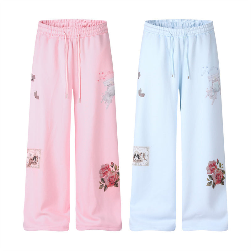 Wide-Leg Sweatpants with 3D Rose & Butterfly Print, Elastic Drawstring Waist