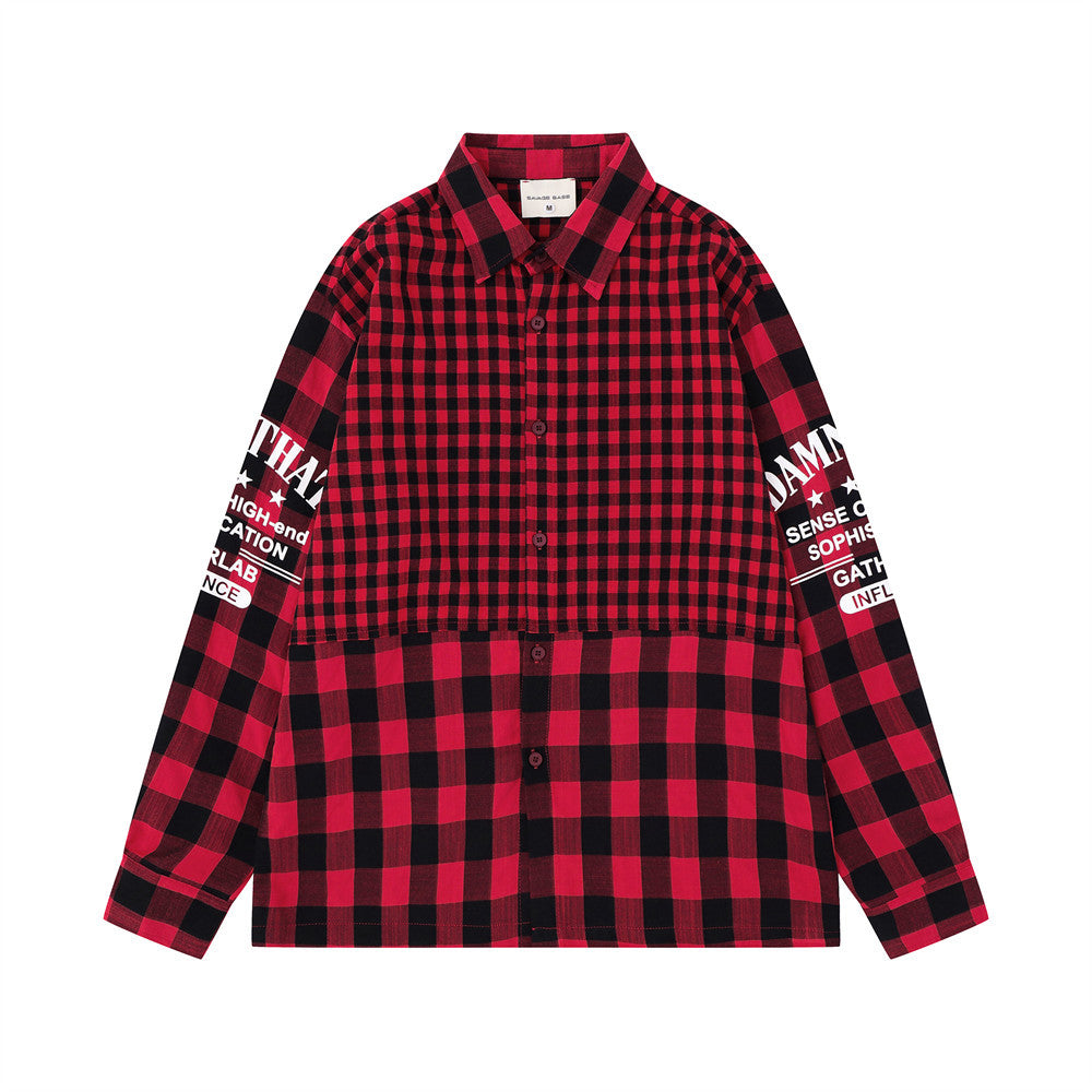 Men's Plaid Long-Sleeve Shirt – Oversized Fit with Graphic Sleeve Print