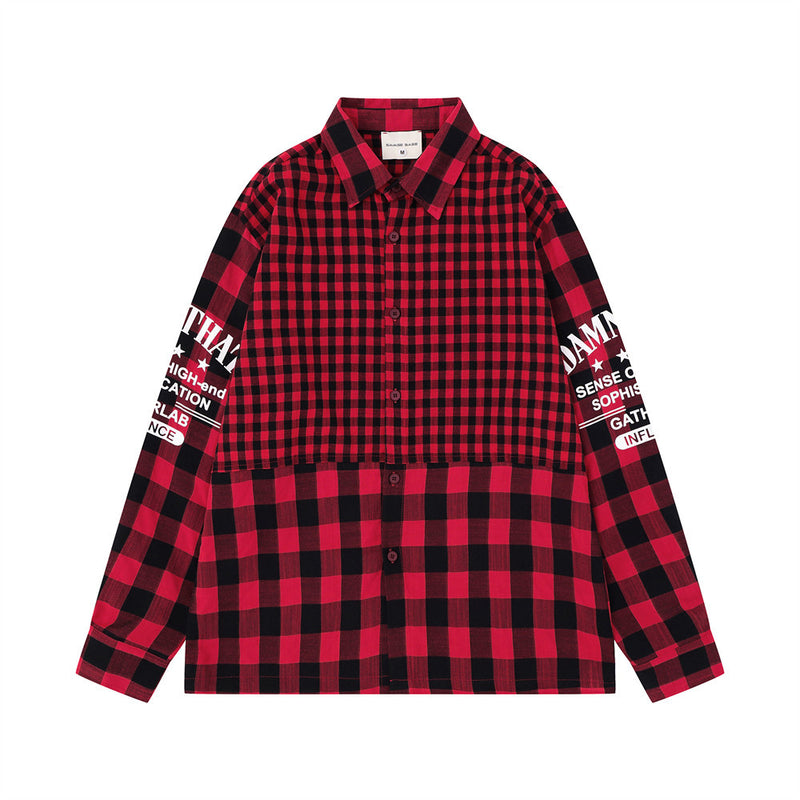 Men's Plaid Long-Sleeve Shirt – Oversized Fit with Graphic Sleeve Print