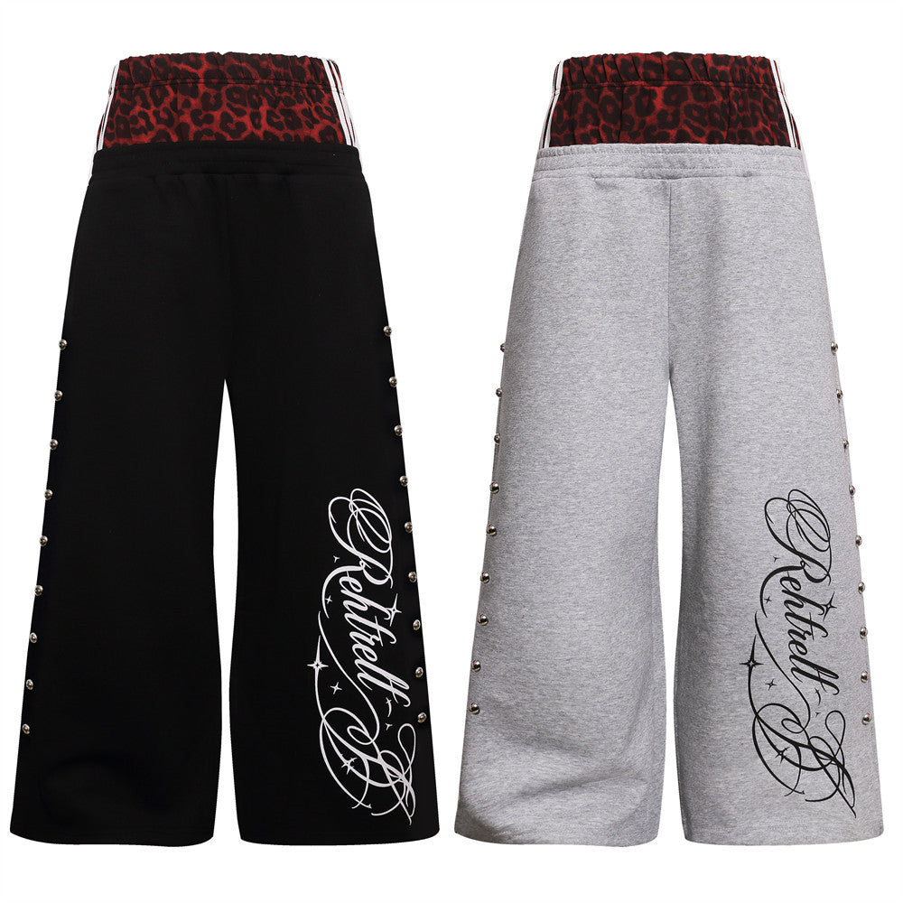 Wide-Leg Sweatpants with Leopard Print Double Waistband & Side Studs