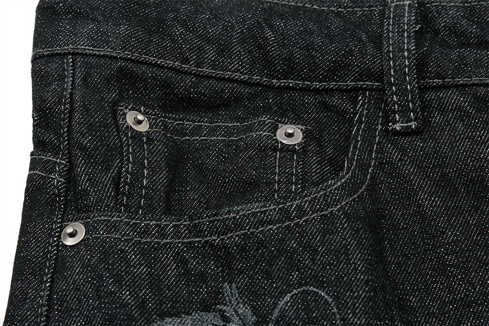 Men's Wide-Leg Black Jeans – Dragon Embroidery Straight Leg Denim