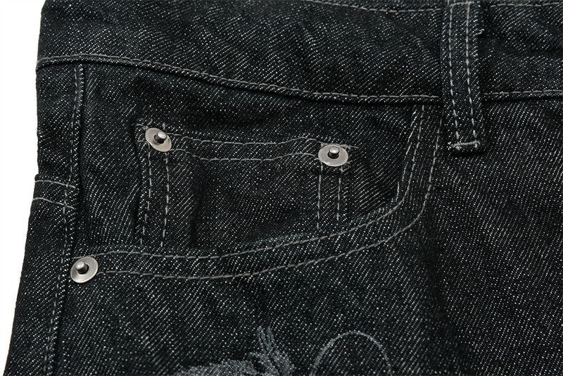 Men's Wide-Leg Black Jeans – Dragon Embroidery Straight Leg Denim
