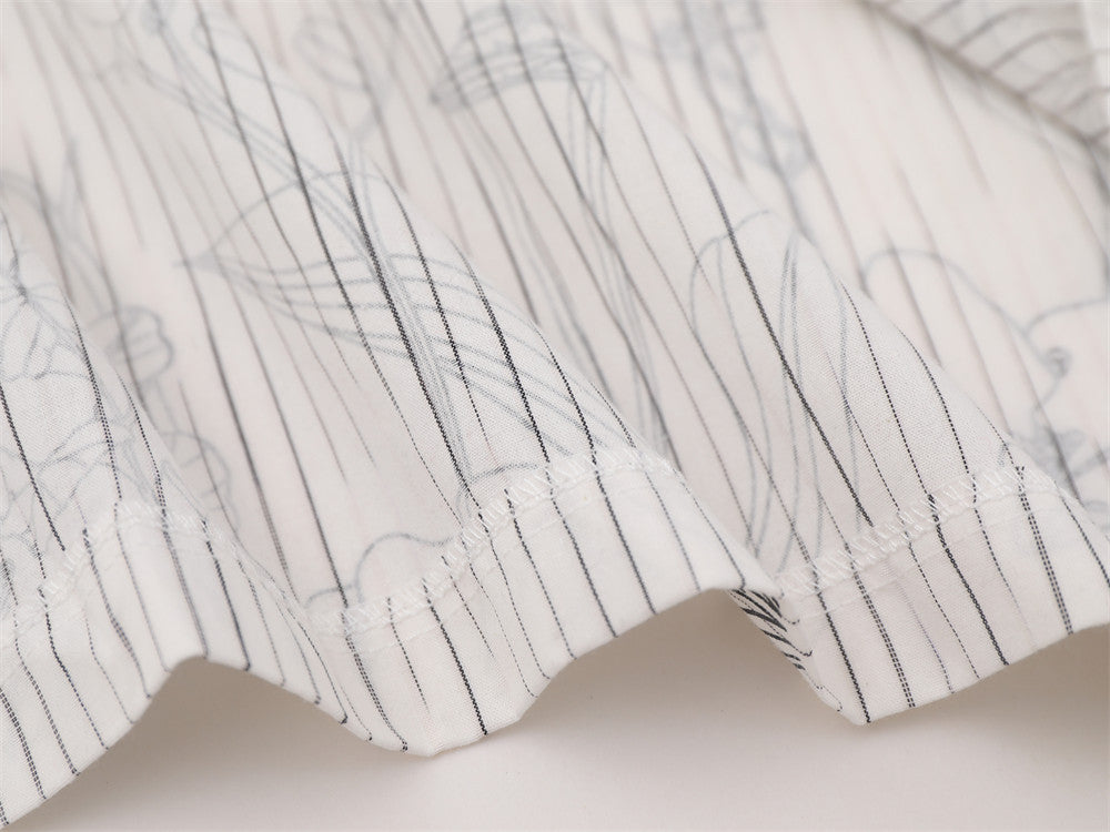 Striped Long Sleeve Shirt Men — Botanical Line Art Print, Relaxed Fit