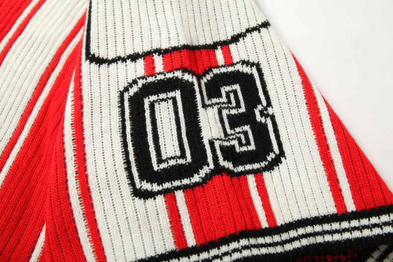 Red and White Striped V-Neck Sweater – Number 17 Oversized Knit Sports Jersey