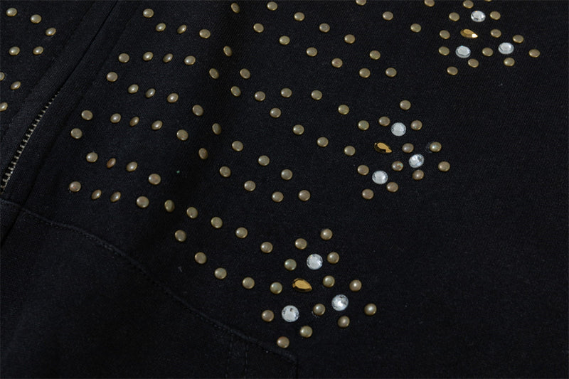 Fur-Trim Zip-Up Hoodie with Studded Skeleton Design – Oversized Streetwear