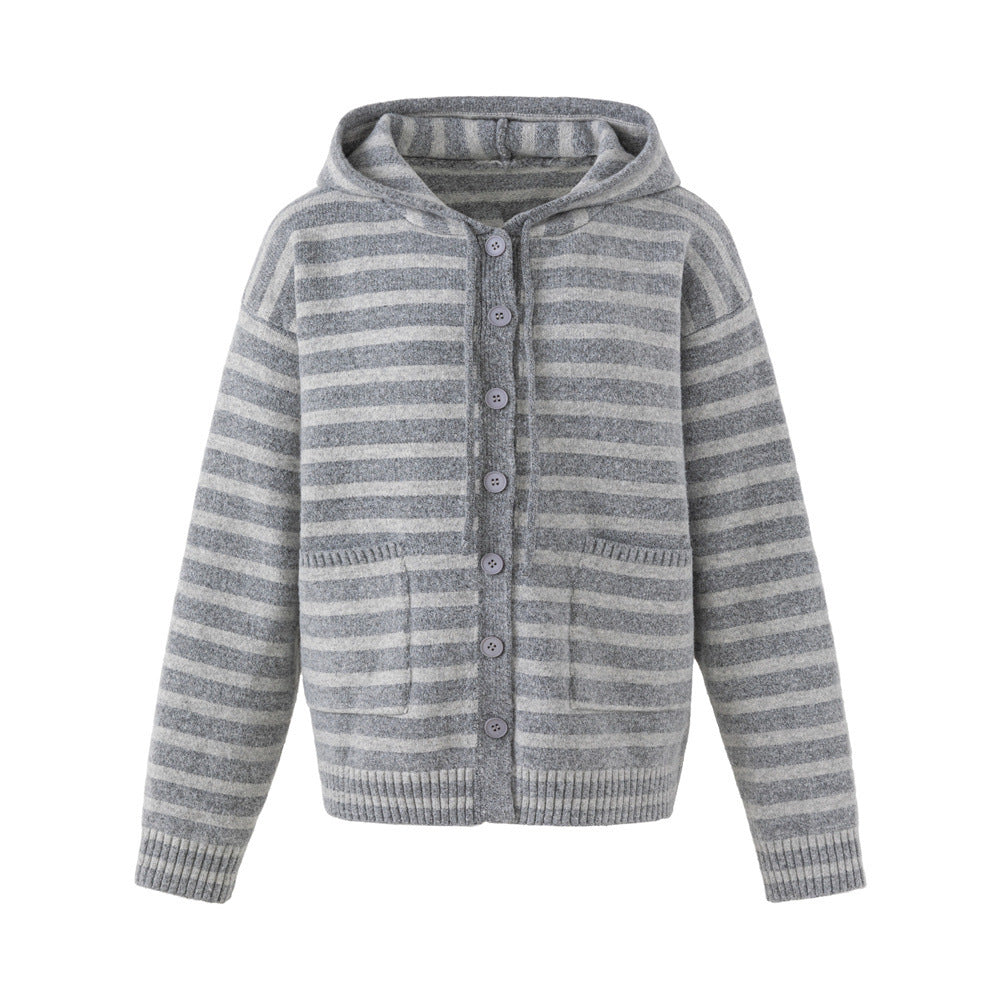 Men's grey striped hooded knit cardigan sweater with button-front placket and patch pockets, front and back view
