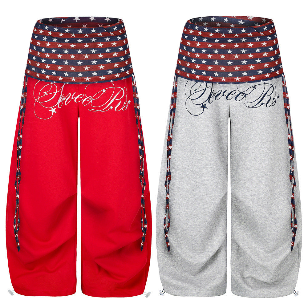 Wide-Leg Star & Stripe Waistband Pants with Side Drawstring Detail