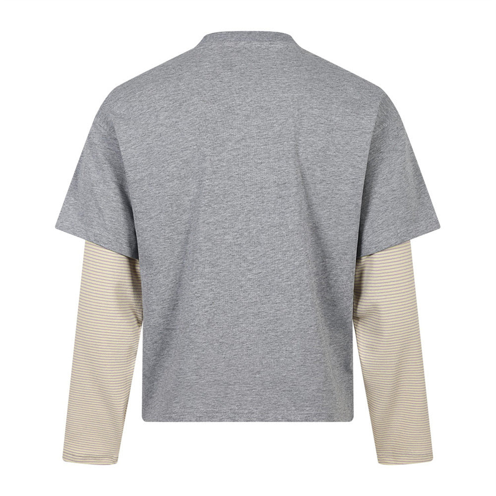 Layered-Look Graphic Long Sleeve Tee with Striped Contrast Sleeves