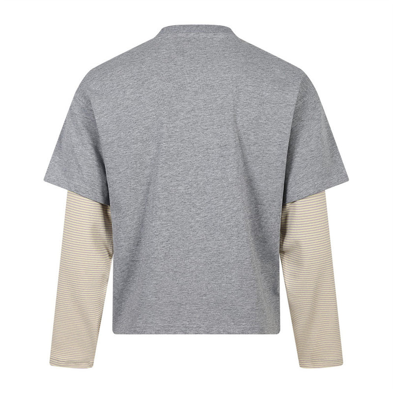 Layered-Look Graphic Long Sleeve Tee with Striped Contrast Sleeves