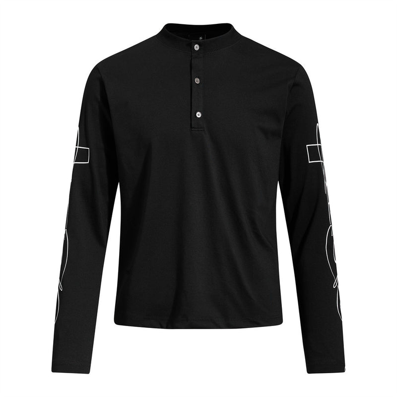 Men's long sleeve henley shirt with white cross and graffiti sleeve print in black colorway