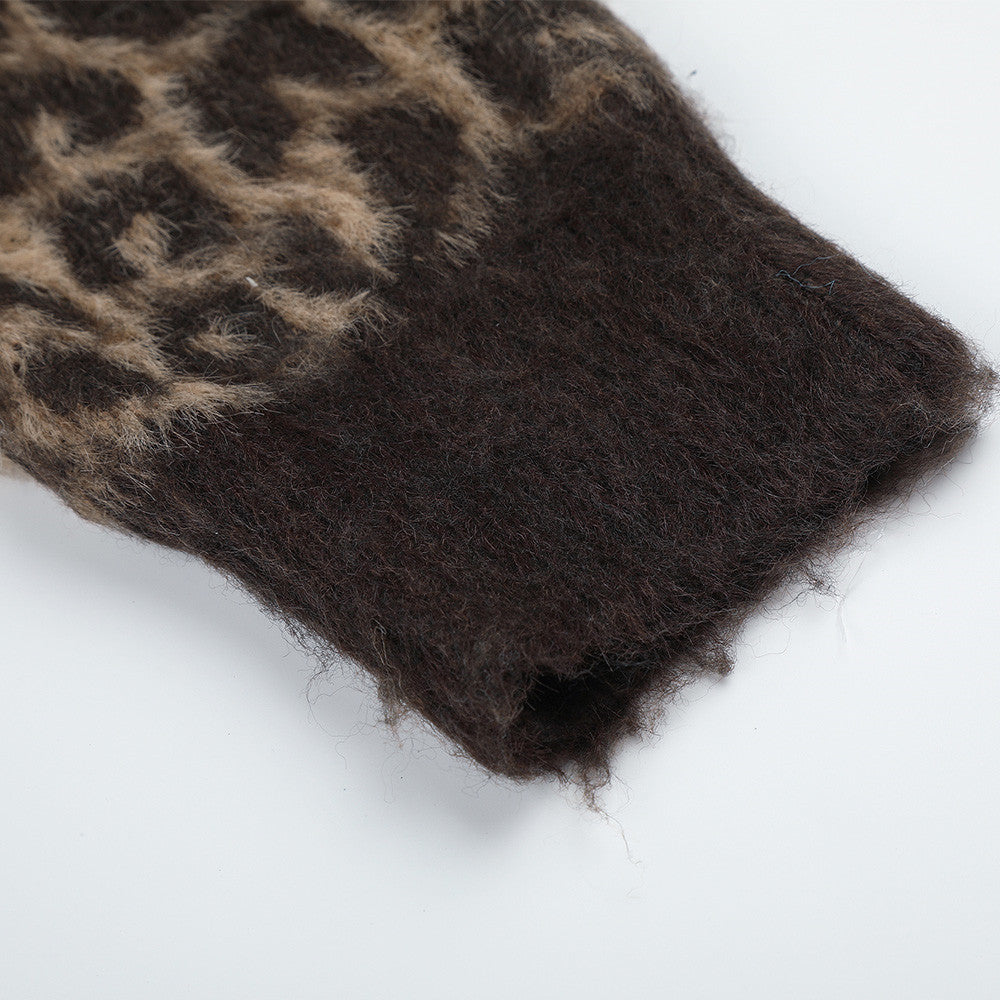Gilet cardigan zippé intégral en maille duveteuse léopard – Coupe décontractée pour homme