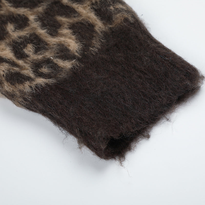 Gilet cardigan zippé intégral en maille duveteuse léopard – Coupe décontractée pour homme