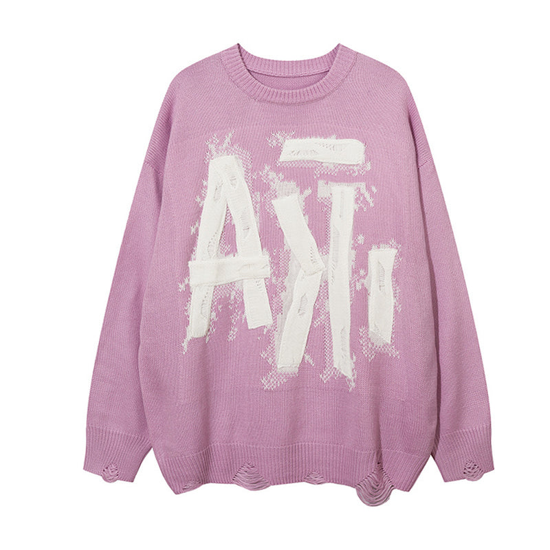 Distressed Knit Crewneck Sweater with Graffiti Letter Appliqué – Oversized