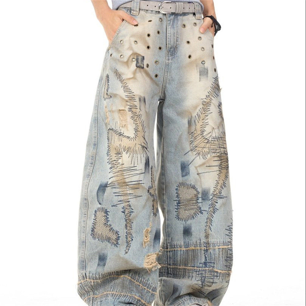 Men's Distressed Wide-Leg Jeans with Chaotic Embroidery & Metal Eyelet Detail