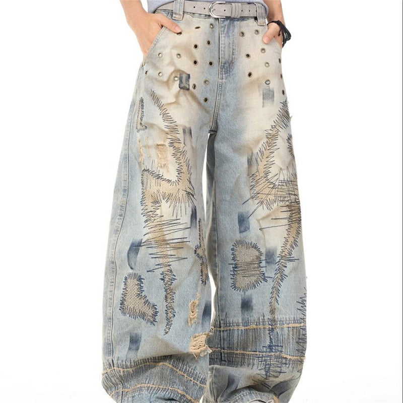 Men's Distressed Wide-Leg Jeans with Chaotic Embroidery & Metal Eyelet Detail