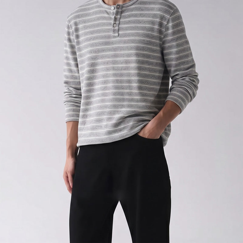 Men's Striped Henley Long-Sleeve Shirt – Vintage American Lazy Style
