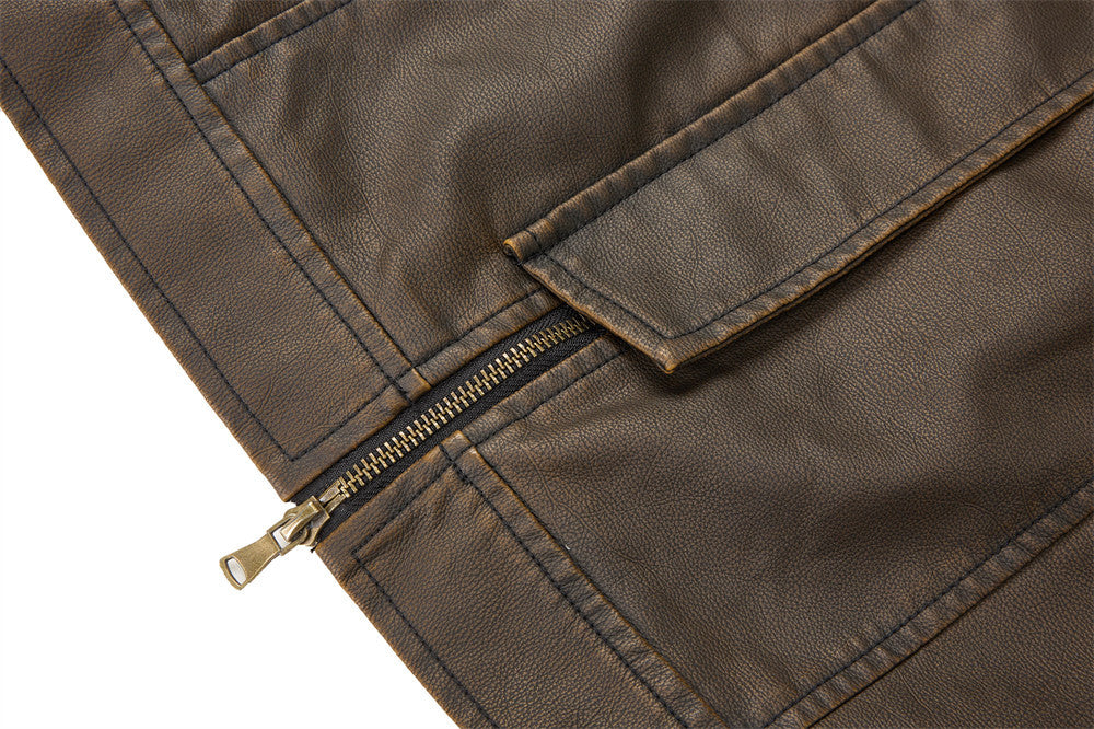 Men's Vintage Punk Multi-Zip PU Leather Moto Jacket – Distressed Brown