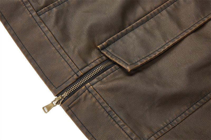 Men's Vintage Punk Multi-Zip PU Leather Moto Jacket – Distressed Brown