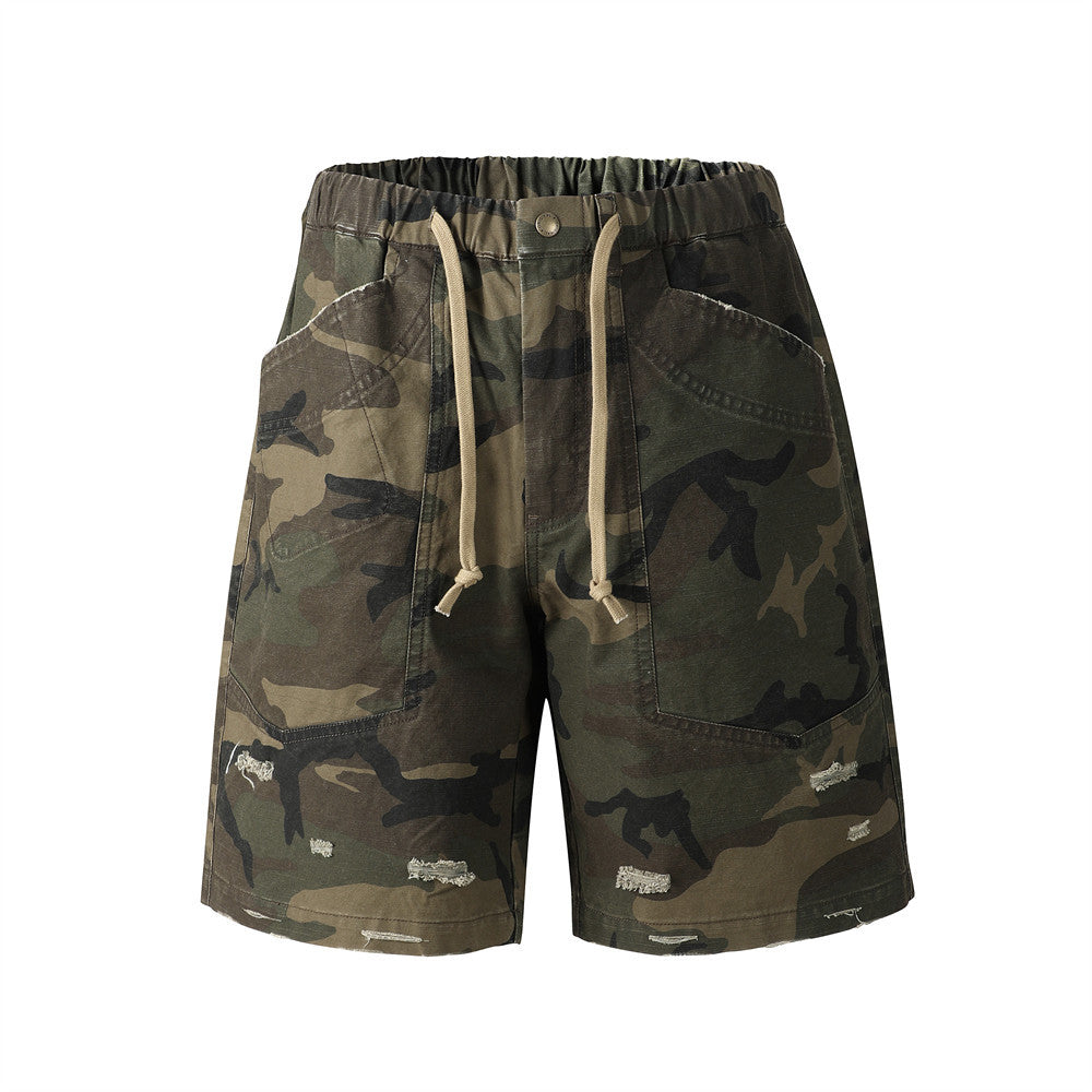 Men's baggy camouflage cargo shorts with drawstring waist, patch pockets, and distressed detailing