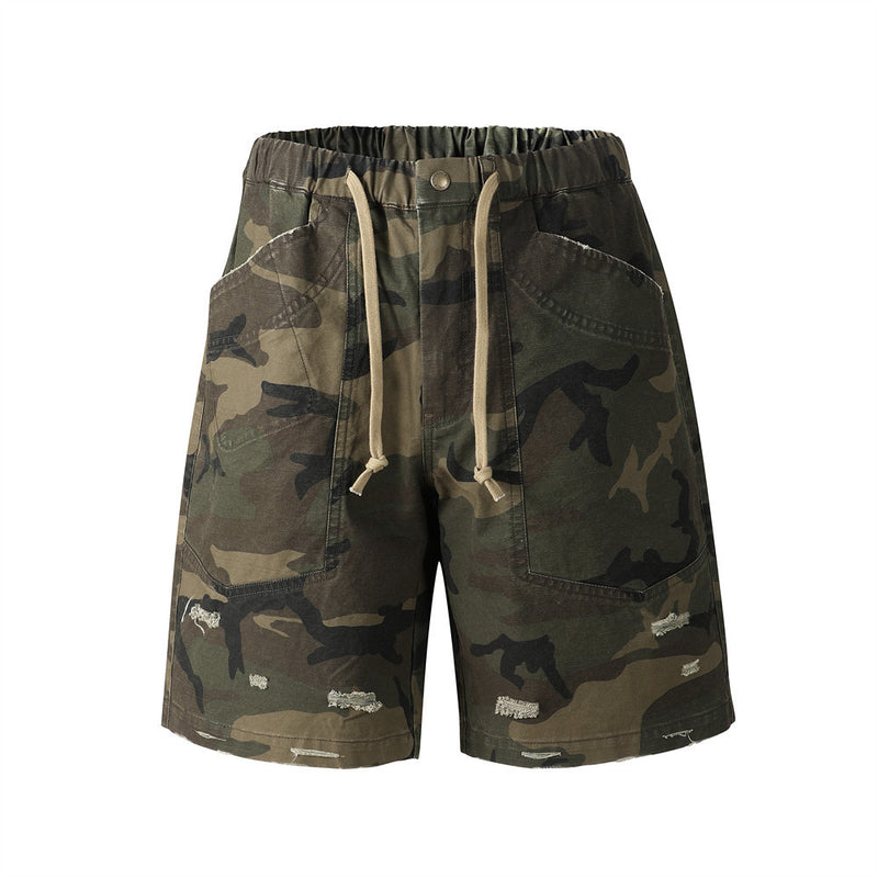 Men's baggy camouflage cargo shorts with drawstring waist, patch pockets, and distressed detailing