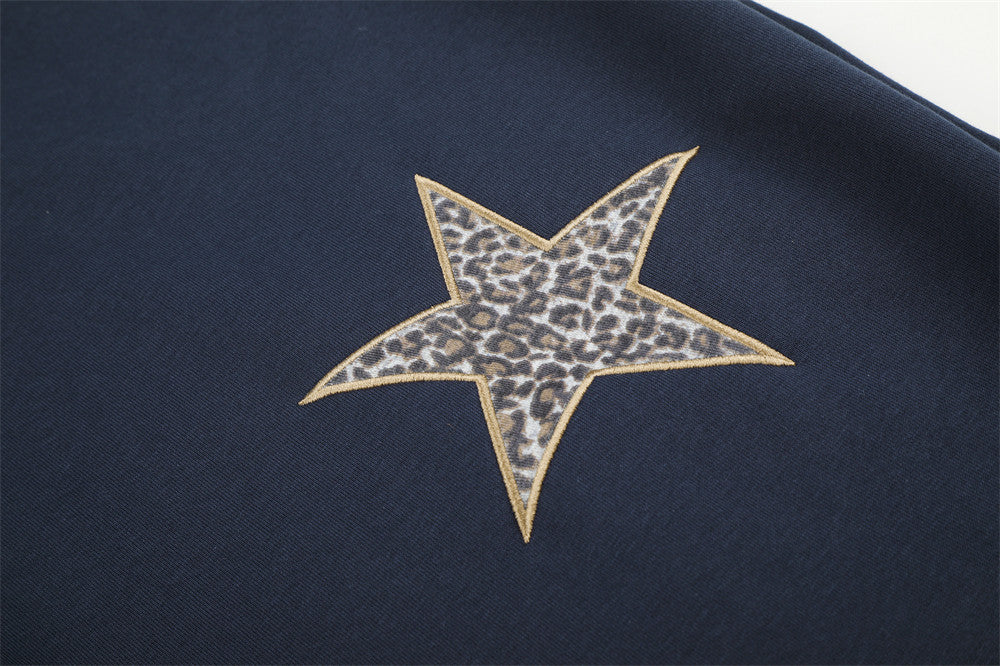 Wide Leg Star Patch Sweatpants with Leopard Print Waistband
