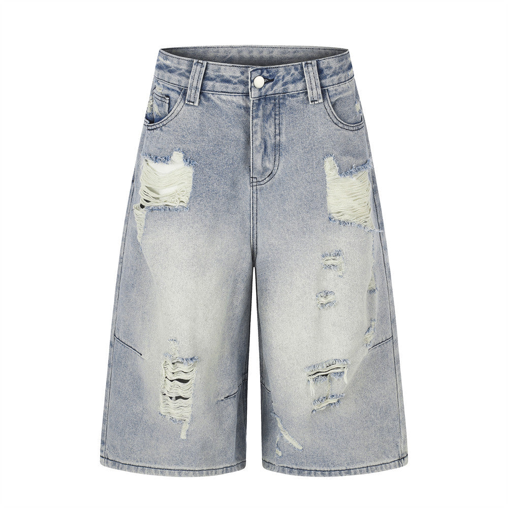 Men's baggy distressed ripped light blue washed denim shorts, front and back view