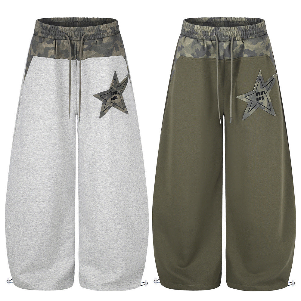 Wide-Leg Sweatpants with Camo Waistband & Star Patch – Men's Oversized