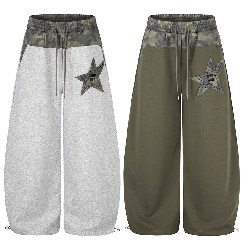 Wide-Leg Sweatpants with Camo Waistband & Star Patch – Men's Oversized