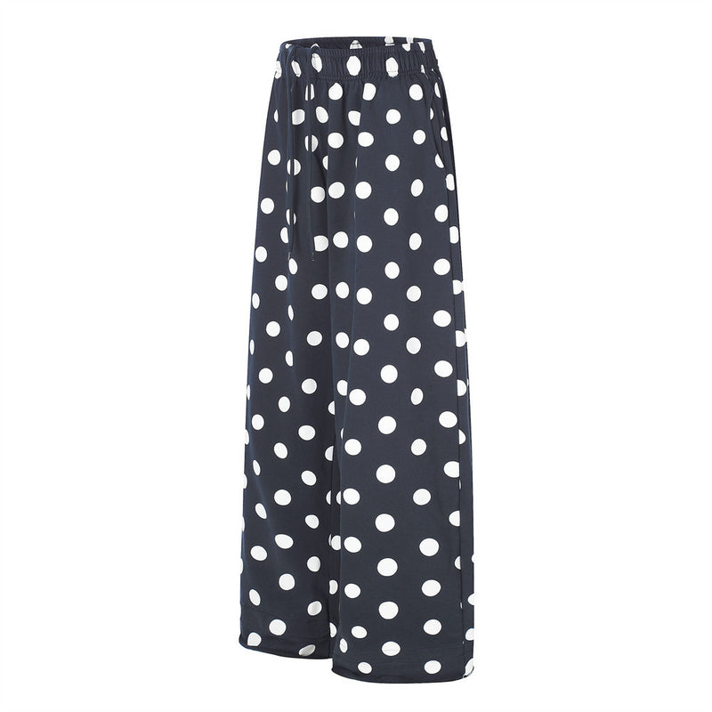 Polka Dot Wide-Leg Pants with Elastic Drawstring Waist