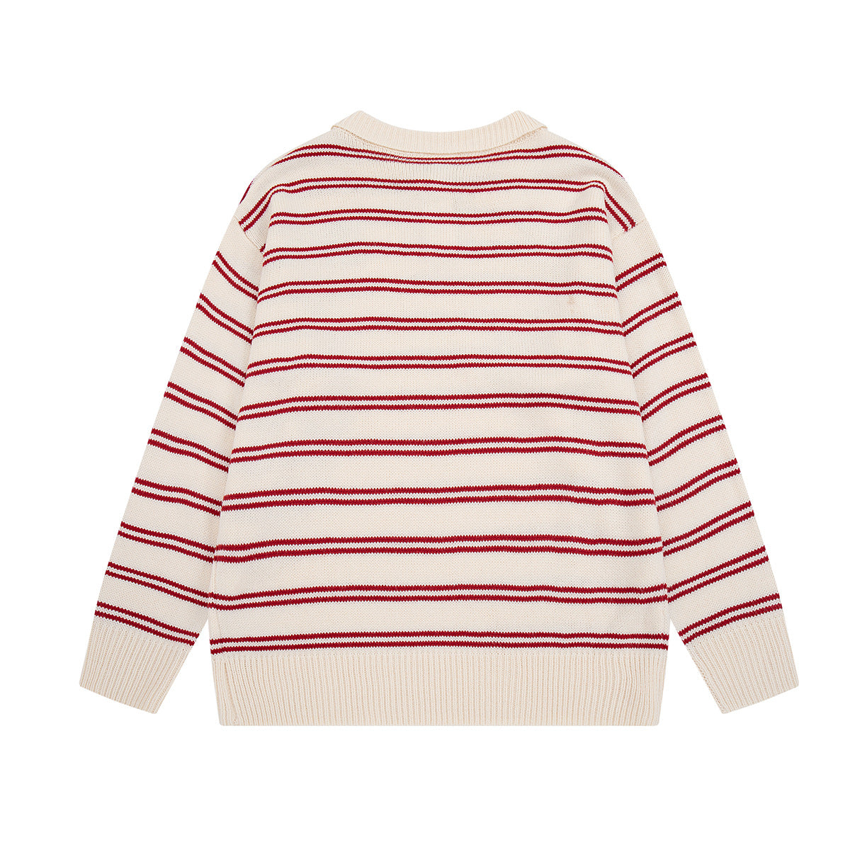 Striped Polo Knit Sweater with Cartoon Embroidery – Relaxed Unisex Pullover